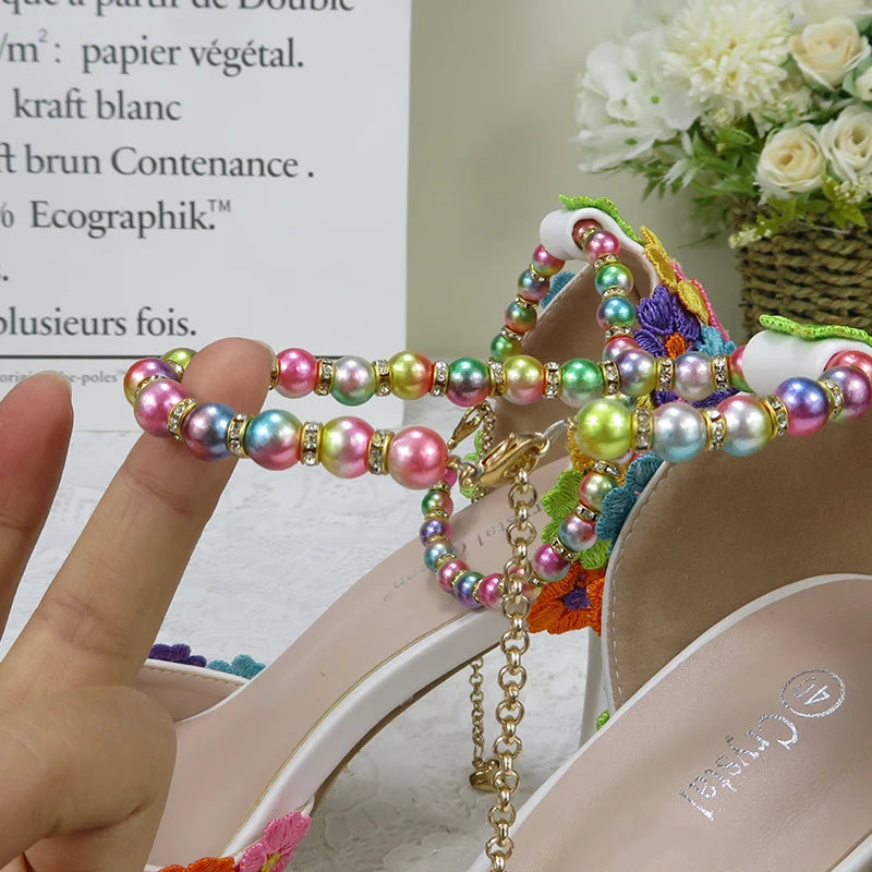 Fashion multicolored Flower Wedding Shoes With Matching Bags High Heels Pointed Toe Ankle Strap Ladies Party shoe and bag set