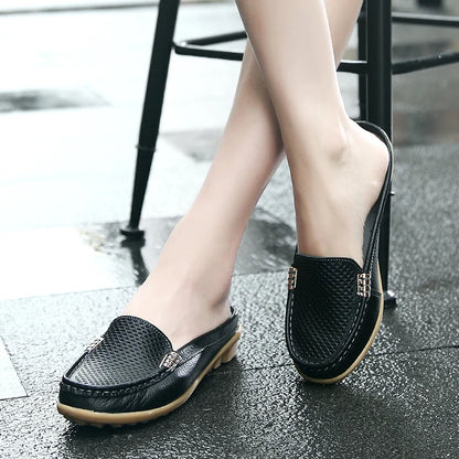 Women Casual Shoes Hollow Out Lady Half Lofers Genuine Leather Flats Moccasins Women Luxury Brand Half Slippers Zapatillas Mujer