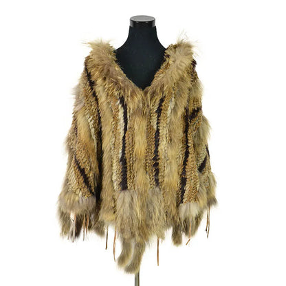 CK708 Real Knitted Rabbit Shawl Poncho Stole With Tassels Shrug Cape Robe Tippet Wrap With Raccoon Fur Collar Women