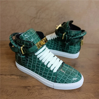 Luxury Designer Men Crocodile Pattern High Top Sneakers Glossy Patent Leather Gold Buckle Lace-up Casual Street Shoes Footwear