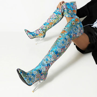 Western Embroidery Style Pointed Toe Over-The-Knee Women's Boots Ethnic Style Patterned Ultra-High Crystal Stiletto Long Boots