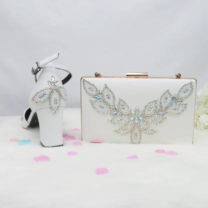 BaoYaFang White Beads Pearl wedding shoes Bride Pointed Toe Square Thick High Heel Party dress shoes and bag set Ankle Strap