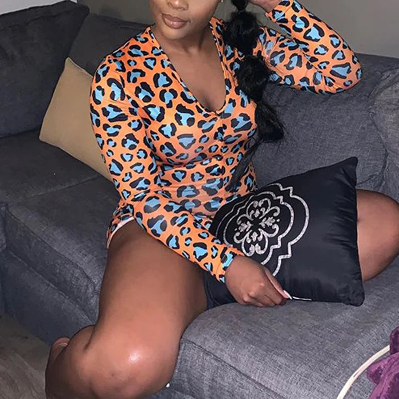 OMSJ 2024 Rompers Women Sleepwear Sky Blue Leopard Print Long Sleeve Short Jumpsuit Sexy Onesie For Adult Female Nightwear S-3XL