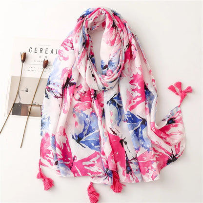 2026 Luxury Brand Ink Painting Floral Tassel Viscose Shawl Scarf Lady High Quality Pashmina Hijab and Wraps Foulard Muslim Sjaal