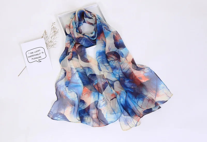 Women Foulard Chiffon Georgette Bandana Scarf Tree Leaf Print Long Shawl Summer Wrap Lady Elegant Thin breathable