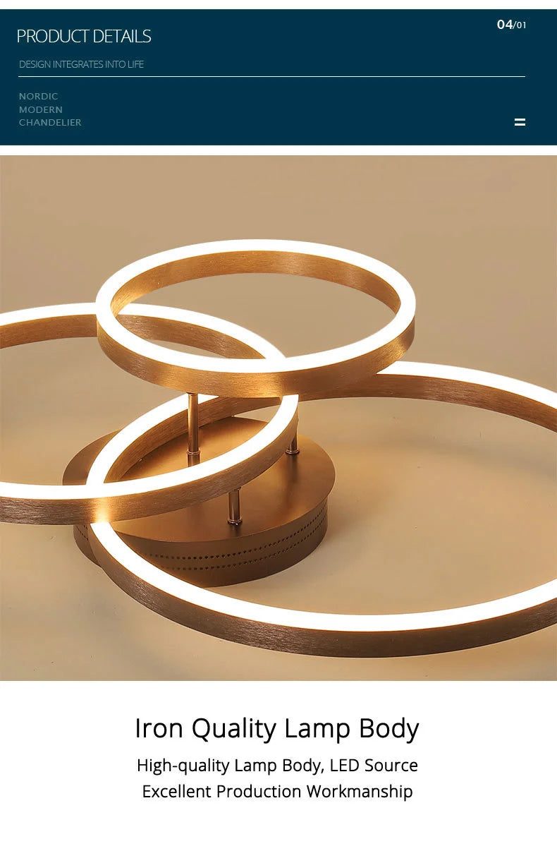 Nordic Creative Round Circle Chandeliers For Bedroom Living Room Restaurant Lighting Golden Coffee Lustre Ring Ceiling Lights