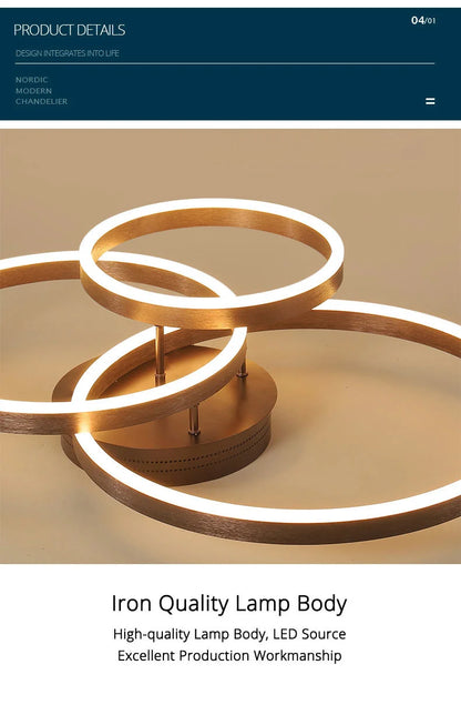 Nordic Creative Round Circle Chandeliers For Bedroom Living Room Restaurant Lighting Golden Coffee Lustre Ring Ceiling Lights