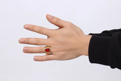 Square Red gemstones zircon diamonds rings for men 18K gold color titanium stainless steel luxury jewelry bijoux bague accessory