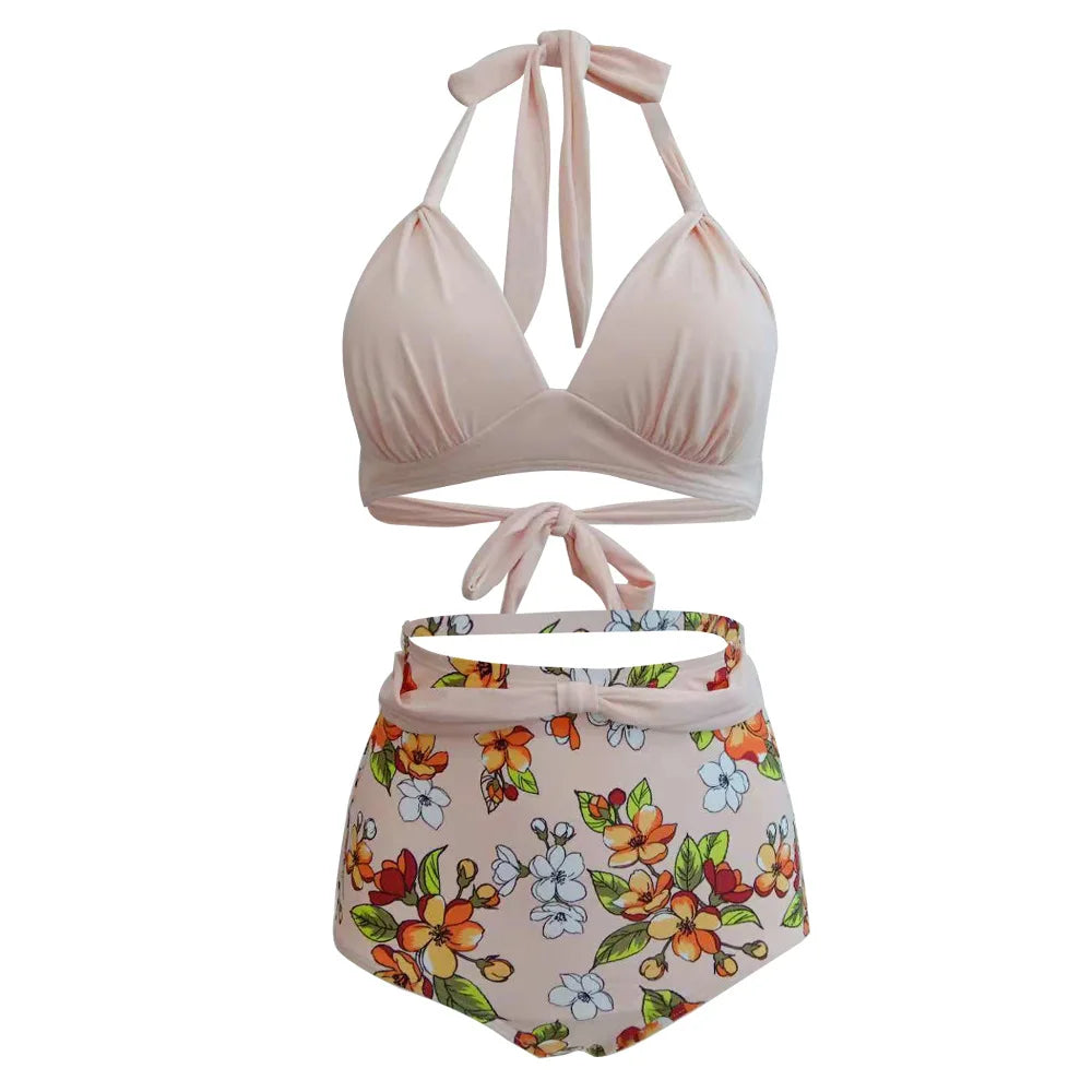 Pleated Bikini Red Top Navy Blue With White Dots Bottom Women Classic High Waist Halter Bikini Sets Plus Size Two-piece Swimwear