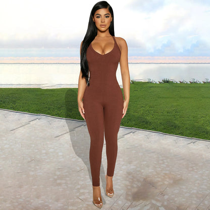 Sexy Cleavage Jumpsuits Women Classic Simple Casual Sporty Wear Sleeveless V-Neck Back Criss Cross Active Casualwear