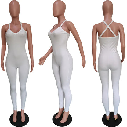 Sexy Cleavage Jumpsuits Women Classic Simple Casual Sporty Wear Sleeveless V-Neck Back Criss Cross Active Casualwear