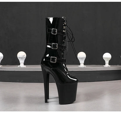 Fluorescent Green Fashionable Women ANKLE Boots Round Toe Side ZIP Short Boots Pole Dance Shoes Platform Heels Three Belt Buck