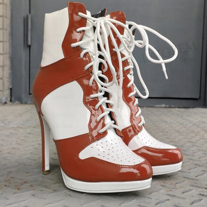 LAIGZEM Women Ankle Boots Round Toe Shiny Thin High Heels Comfortable Lace Up Short Boots Ladies Girls Big Size 41 45 46 47