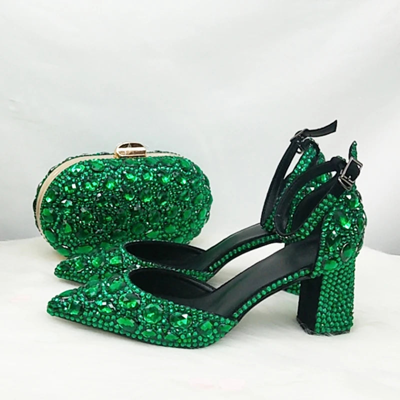 BaoYaFang 2022 NEW ARRIVE Green Crystal Wedding Shoes Woman Thin Heel Pointed Toe Bridal Party Dress Shoe Big Size High Pumps