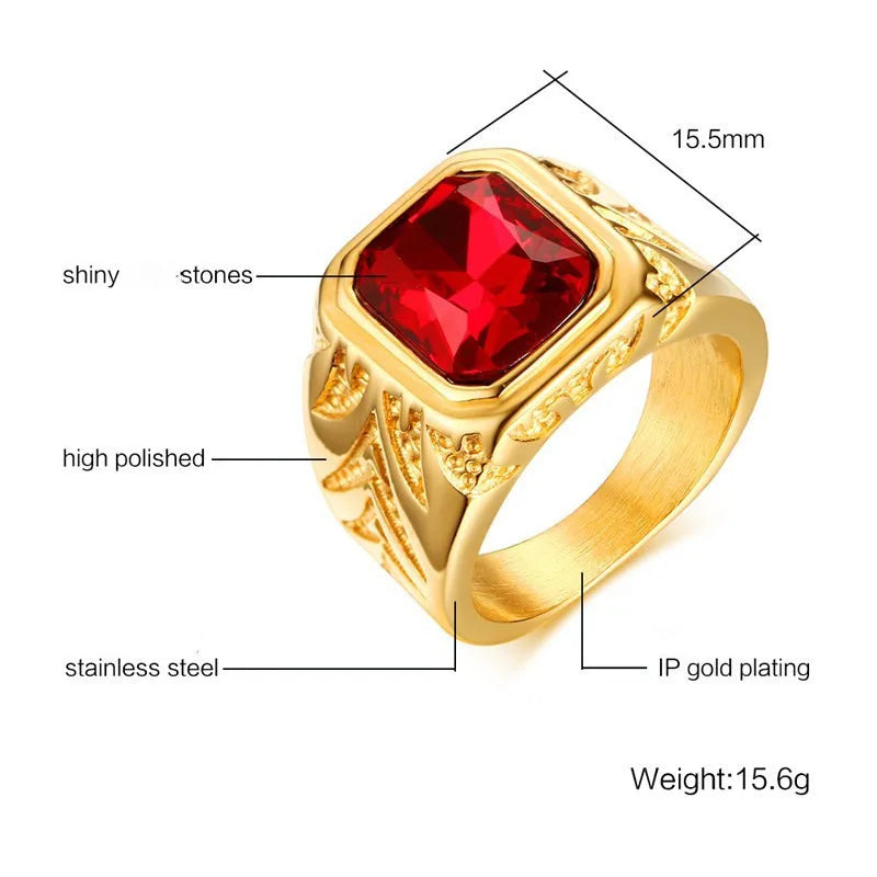 Square Red gemstones zircon diamonds rings for men 18K gold color titanium stainless steel luxury jewelry bijoux bague accessory