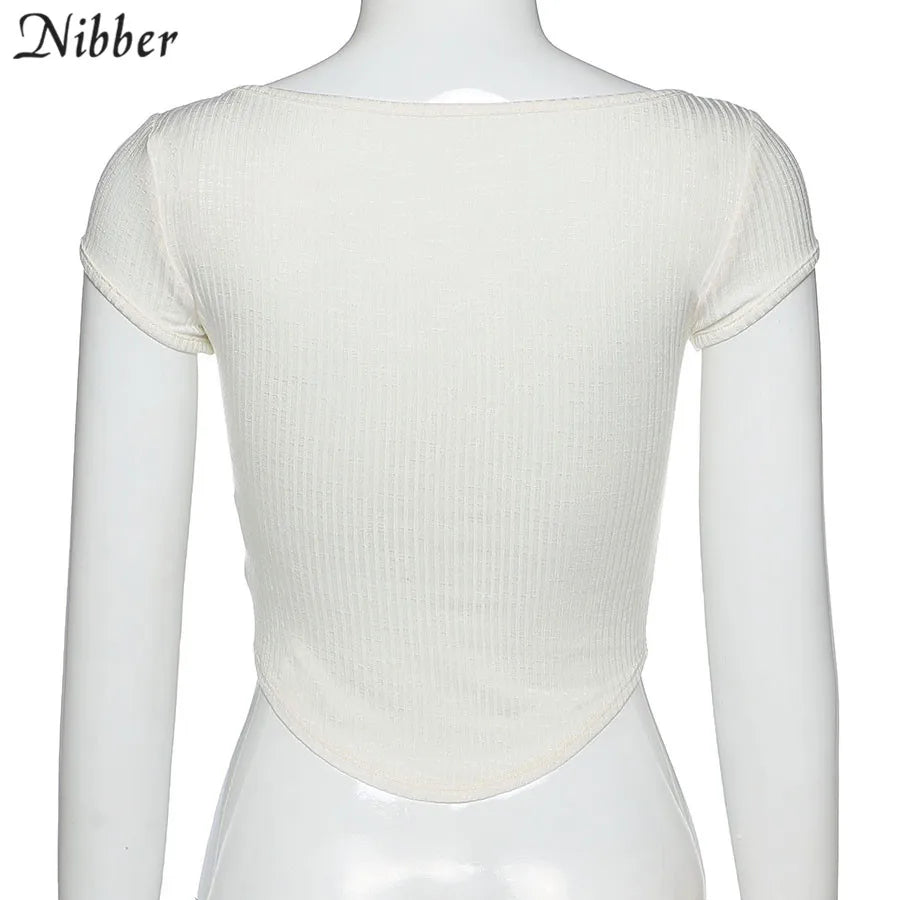 Nibber harajuku simple white slim fit soft woman tshirt croptop summer casual Basic streetwear female pure square collar tee top