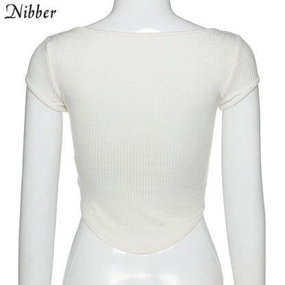 Nibber harajuku simple white slim fit soft woman tshirt croptop summer casual Basic streetwear female pure square collar tee top