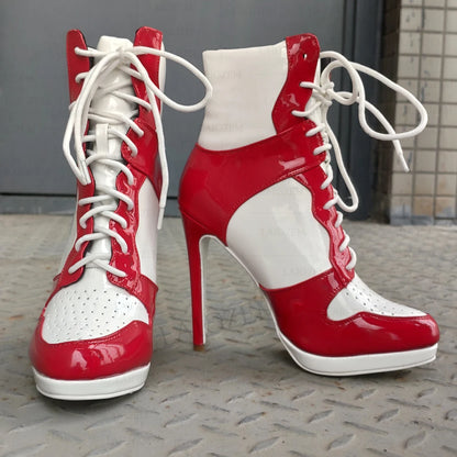 LAIGZEM Women Ankle Boots Round Toe Shiny Thin High Heels Comfortable Lace Up Short Boots Ladies Girls Big Size 41 45 46 47