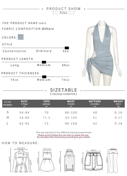 Kliou Solid Deep V sexy Two Piece Sets Midnight Club Halter Top And Skirt Backless Summer Partywear Hollow Out Ruched Women Set