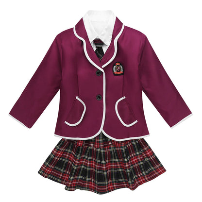 Kids Girls British Style School Uniforms Student Cosplay Anime Costume Suit Long Sleeve Coat With Shirt Tie Mini Skirt Set 4Pcs