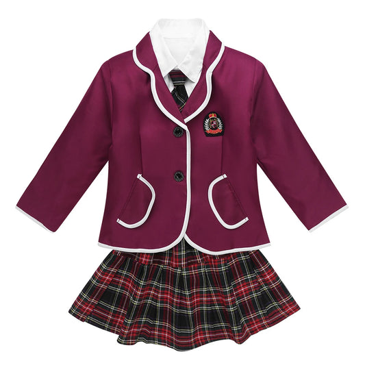 Kids Girls British Style School Uniforms Student Cosplay Anime Costume Suit Long Sleeve Coat With Shirt Tie Mini Skirt Set 4Pcs