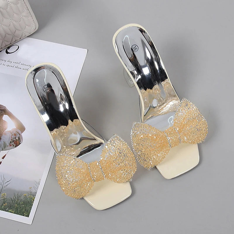 Size 34-46 Summer Party Slippers Fashion Green Rhinestone Bow Heels Sandals Women Square Open Toe PVC Transparent Shoes Slides