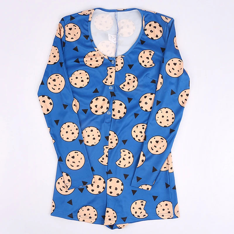 Cartoon Cookies Printed Women Sexy Oneies Bodycon Jumpsuit Romper Long Sleeve HomeWear Tracksuit Playsuit Pajama Onesies