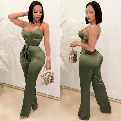 New Women Spaghetti Strap Sleeveless Straight Jumpsuit Women Sexy Club Open Back High Waist Rompers One Piece Overalls