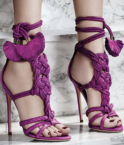 Sexy Rope Knot High Heel Sandals Braided Straps Cut Outs Summer Shoes Lace-up Stiletto Heels Gladiator Sandals Pink Brown Green