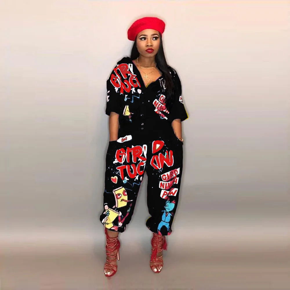 2020 New Style Brand Fashion Hip Hop Style Women Jumpsuit Special Letter Turn Down Collar Half Sleeve Romper Jumpsuit