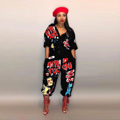 2020 New Style Brand Fashion Hip Hop Style Women Jumpsuit Special Letter Turn Down Collar Half Sleeve Romper Jumpsuit