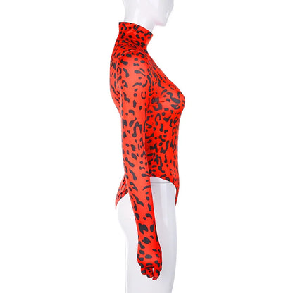 OMSJ Hot Selling Trendy Hipster Turtleneck Rompers For Women Full Sleeve Connection Gloves Leopard Print Streetwear Y2k Body Top