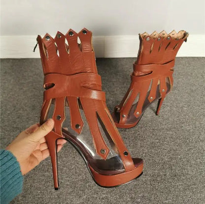 Sexy Vertical Shape Stiletto Heel Ankle Boots Peep Toe Metal Heels Studded Strappy Sandals Red White Black Runway Boot Shoes