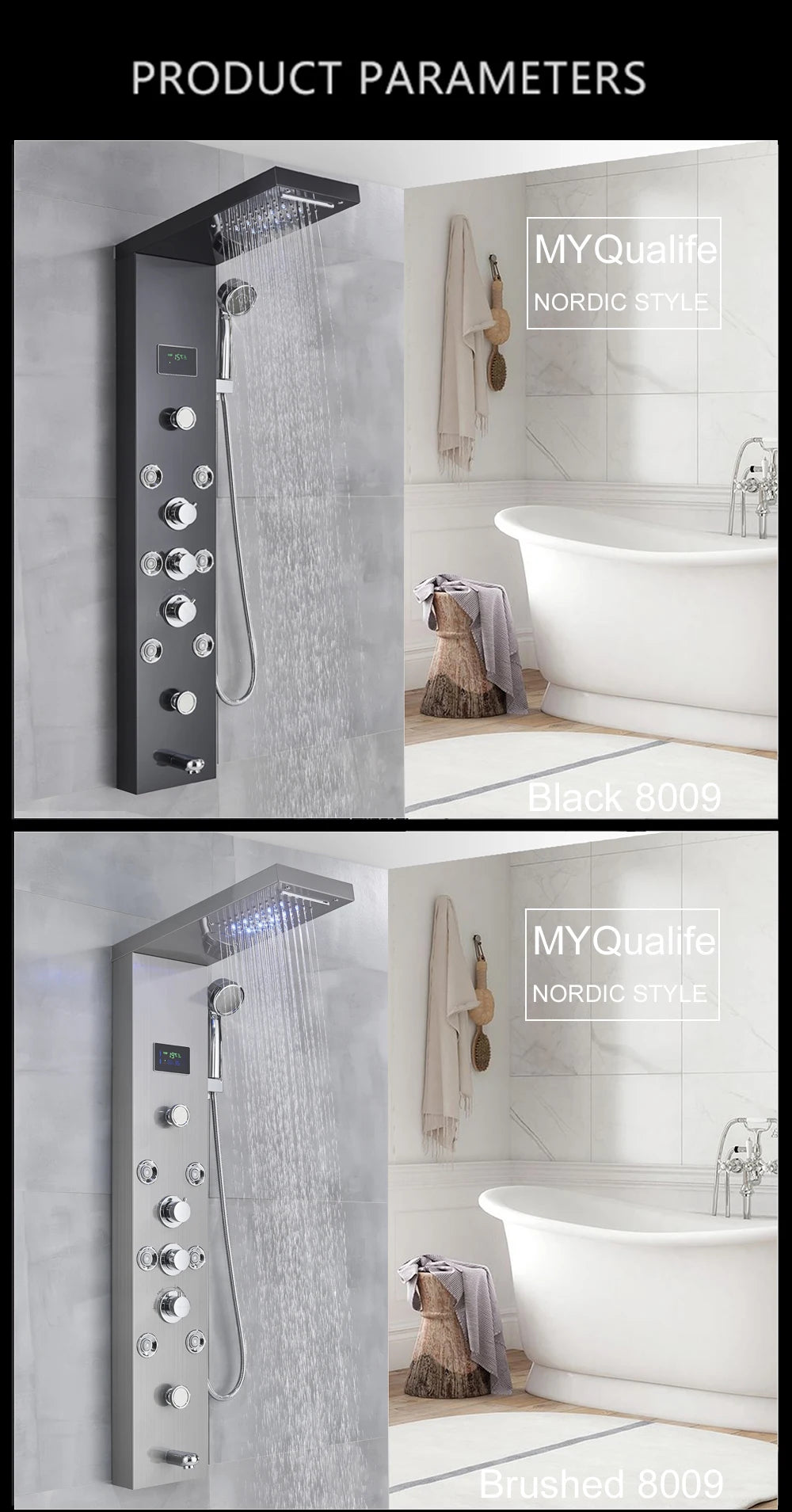 LED Light Shower Panel Waterfall Rain Digital Display Shower Faucet Set SPA Massage Jet Bathroom Column Mixer Tap Tower System