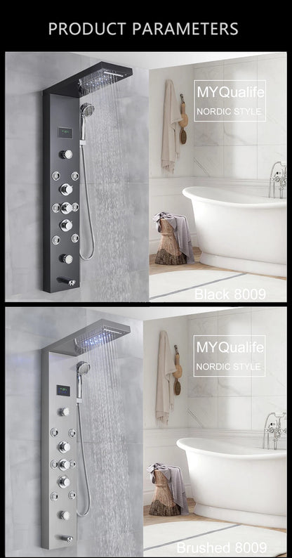 LED Light Shower Panel Waterfall Rain Digital Display Shower Faucet Set SPA Massage Jet Bathroom Column Mixer Tap Tower System