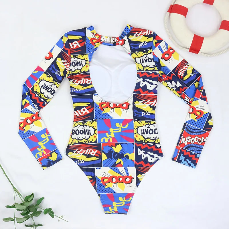 TYAKKVE Surf Swimwear Rash Guard Long Sleeve One Piece Swimsuit For Women Print High Neck Bodysuits Swim Suits Backless Monokini