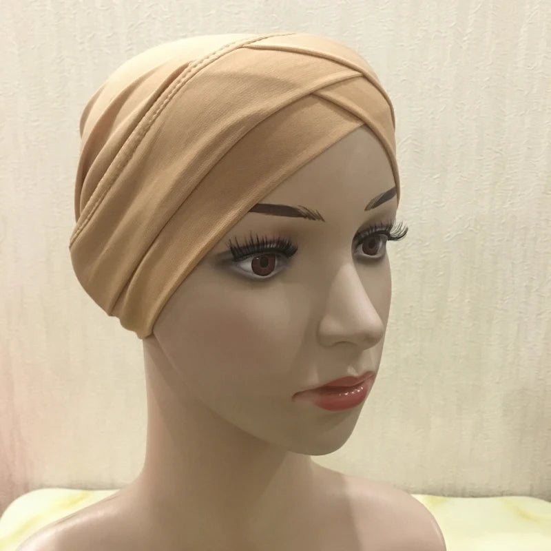 H117 Forehead criss Cross Muslim Turban Pure Color Stretch Inner Hijabs For Caps Ready To Wear Women Head Scarf Under Bonnet