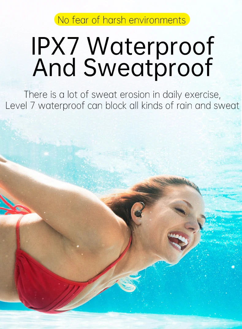20 Hours Play Time Swimming Waterproof Bluetooth Earphone Dual Wear Style Sport Wireless Headset TWS IPX7 Earbuds Stereo