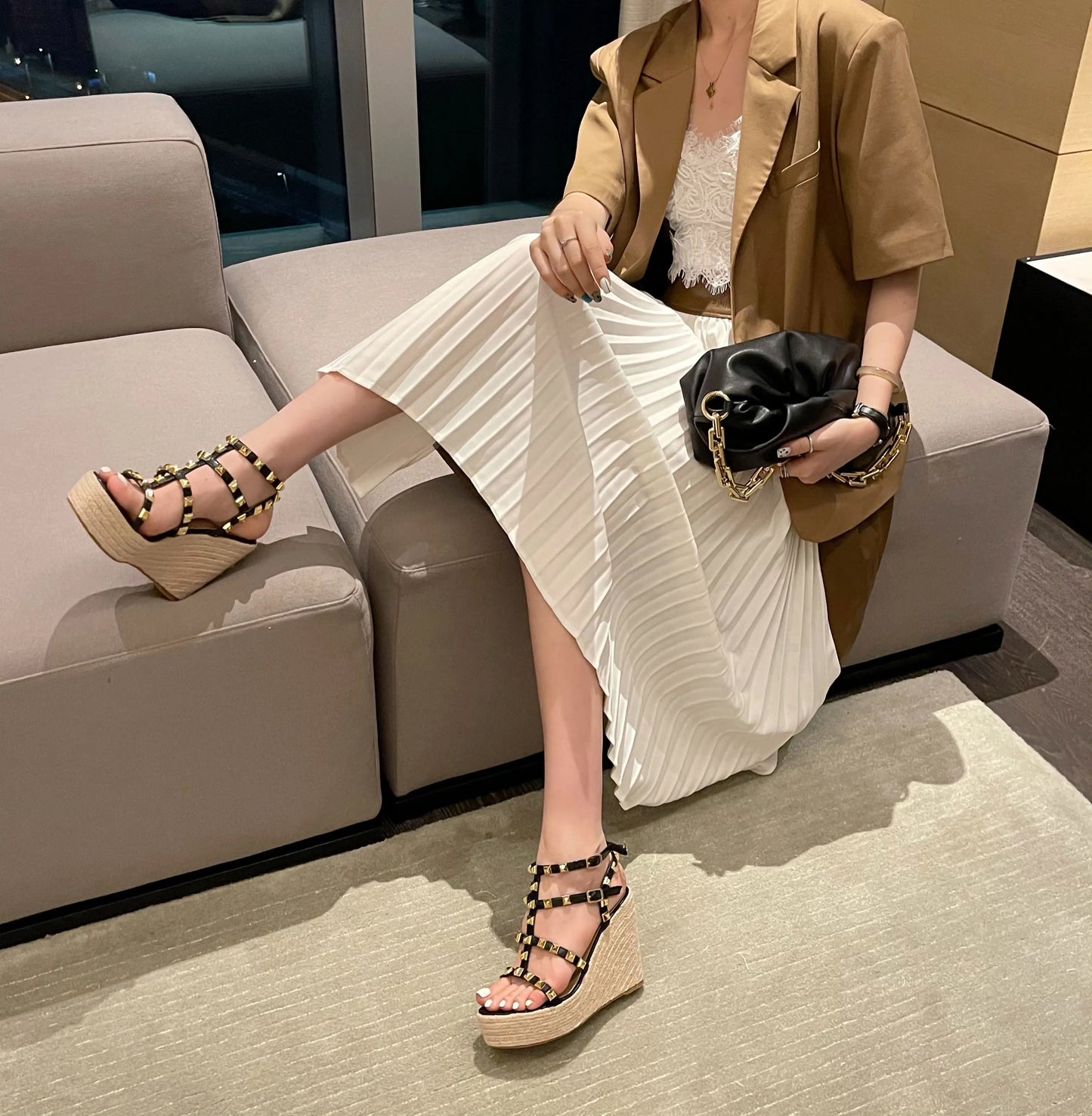 Rivet Wedges Women Sandals Open Toe Ankle Buckle Strap Ladies Platform Wedges Sandals High Heels Roman Rattan Grass Woven Shoes