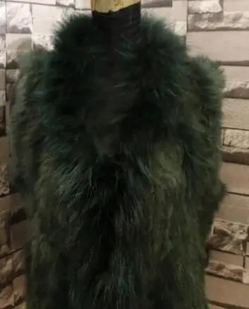 new fashion rabbit fur vest knit rabbit vest 80cm long style for women raccoon fur collar trim fur waistcoat pocket decoration