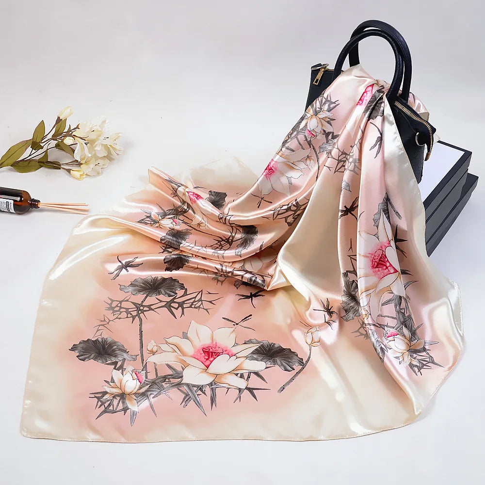 Wholesale Fashion Floral Print Kerchief Silk Satin Shawls and Wraps Hijab Scarfs Female 90cm*90cm Square Bag Scarves For Ladies