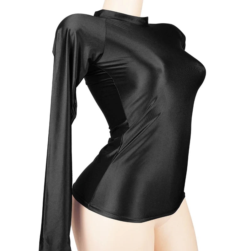 Shiny Long Sleeves Bodysuit Women Glossy Sportswear High Neck Gym Suit Sexy Transparent Leotards Compression Shirt Bathing Top