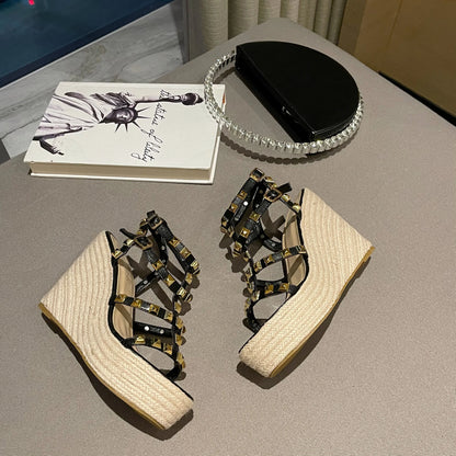 Rivet Wedges Women Sandals Open Toe Ankle Buckle Strap Ladies Platform Wedges Sandals High Heels Roman Rattan Grass Woven Shoes