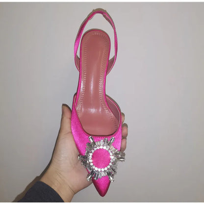 2025 Brand women Pumps luxury Crystal Slingback High heels Summer bride Shoes Comfortable triangle Heeled Party Wedding Shoes