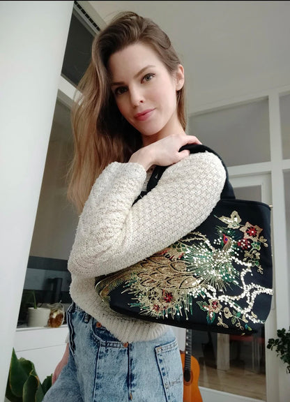 Ethnic Style Sequins Tote Bag, Peacock Embroidery Handbags, Vintage Canvas Crossbody Bag