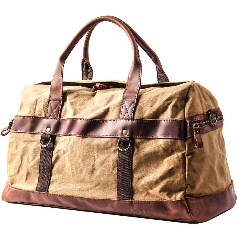 WaterProof Waxed Canvas Leather Men Travel Bag Hand Luggage Bag Carry On Large tote Vintage Men Duffle Weekend Bag big Overnight