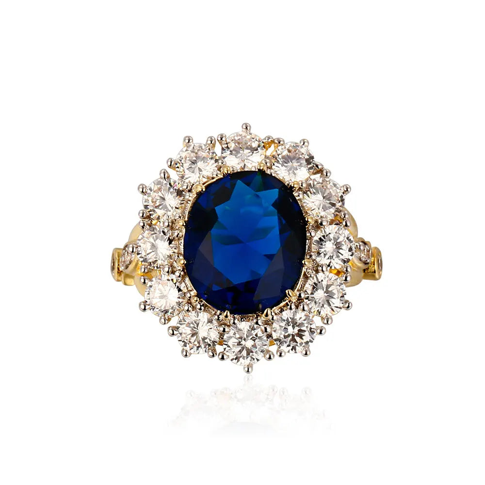 Luxury Oval Blue Zircon Ring for Women Sparkling Golden Color Solitaire Finger Rings Romantic Jewelry Wedding Anniversary Gift