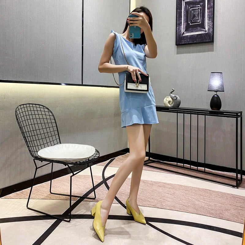 Sandals Luxury Brand Sexy Dress Shoes Elegant Chunky High Heeeled Pumps Sexy Pointed Toe Evening Shoes Women Shoes V Cut Shoes