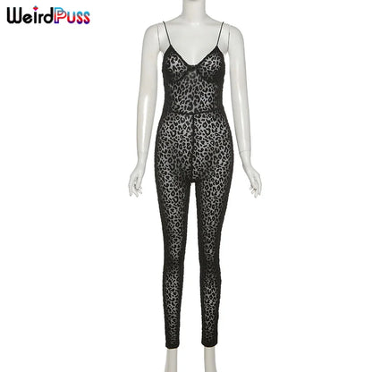 Weird Puss Leopard Print Sexy Skinny Women Jumpsuit Sleeveless Backless Fit Workout Activewear Party Nightclub Stretch Outfits