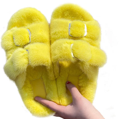 Slippers Ladies Summer Fluffy Mink Fur Slippers 100% Mink Fur Slippers Ladies Sandals 2021 Home Slippers Girls Outdoor Slippers